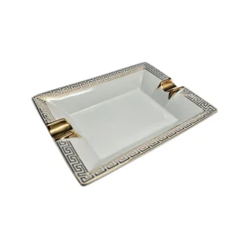 BLD Ceramic Cigar Ashtray 2 Rest - White and Gold Pattern