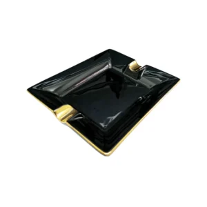 BLD Black Ceramic Cigar Ashtray 2 Rest - Black and Gold Trim