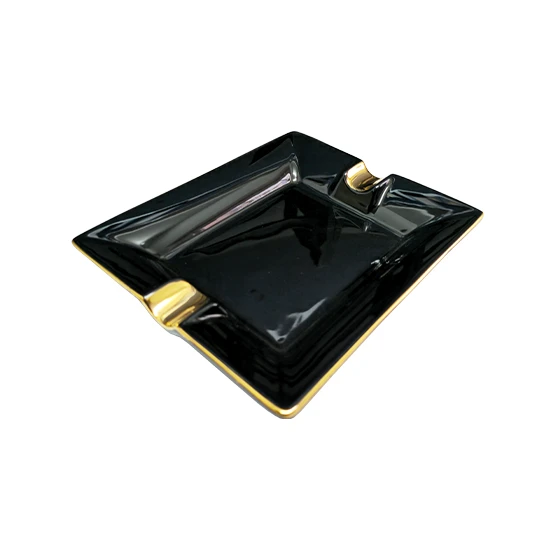 BLD Black Ceramic Cigar Ashtray 2 Rest - Black and Gold Trim