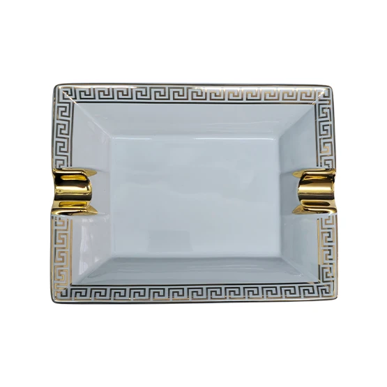 BLD Ceramic Cigar Ashtray 2 Rest - White and Gold Pattern